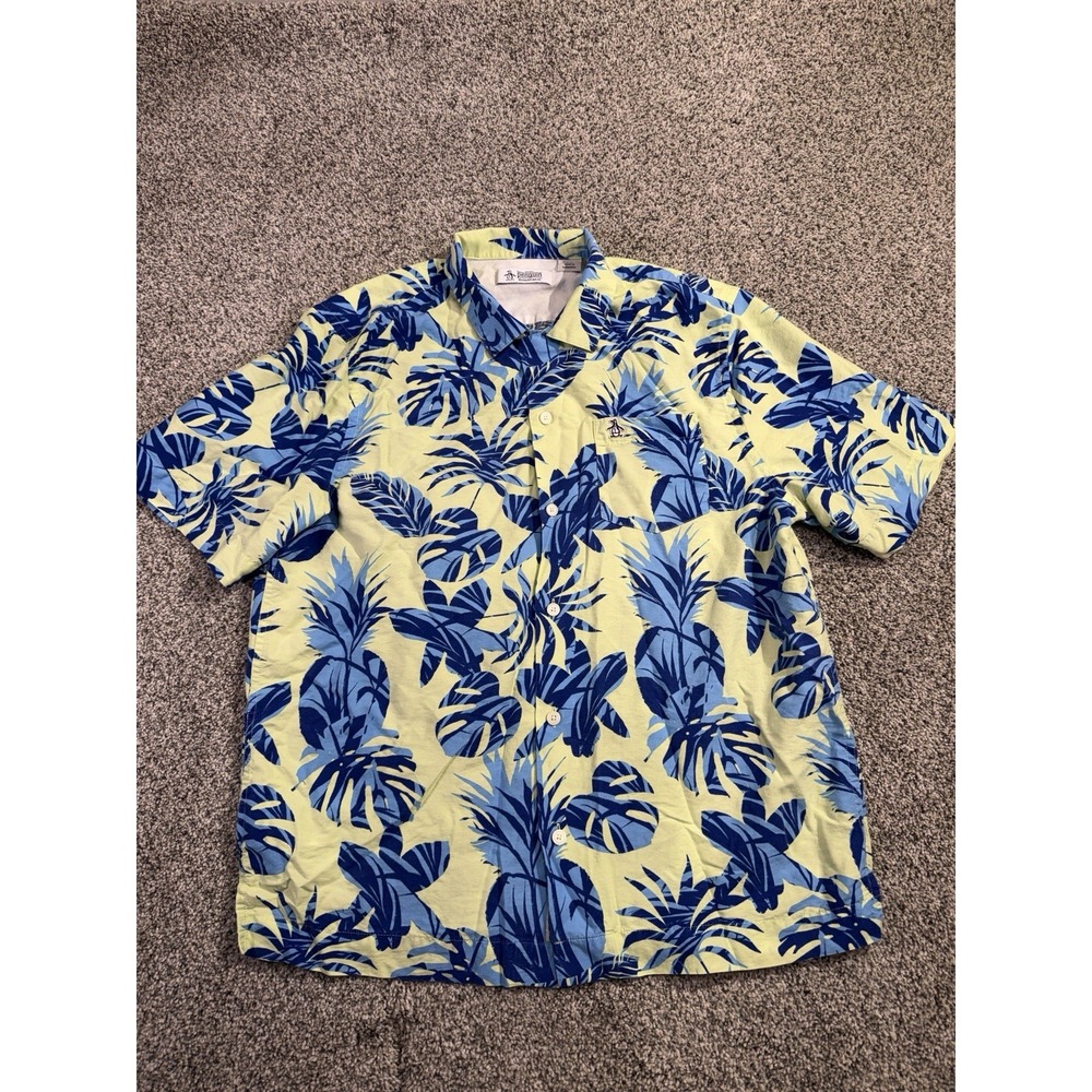 Penguin Munsingwear Hawaiian Shirt Mens Large Fishing Button Up S/S Blue Yellow